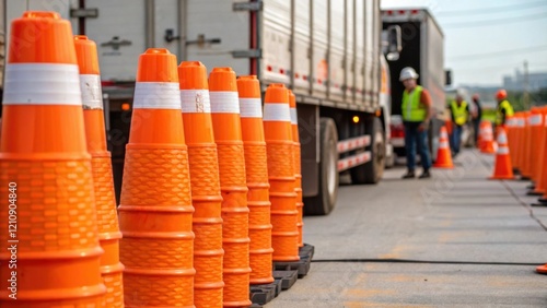 A medium closeup of stacks of vibrant orange safety cones lined up beside a delivery truck creating a visual barrier that reinforces the active work environment on the construction photo