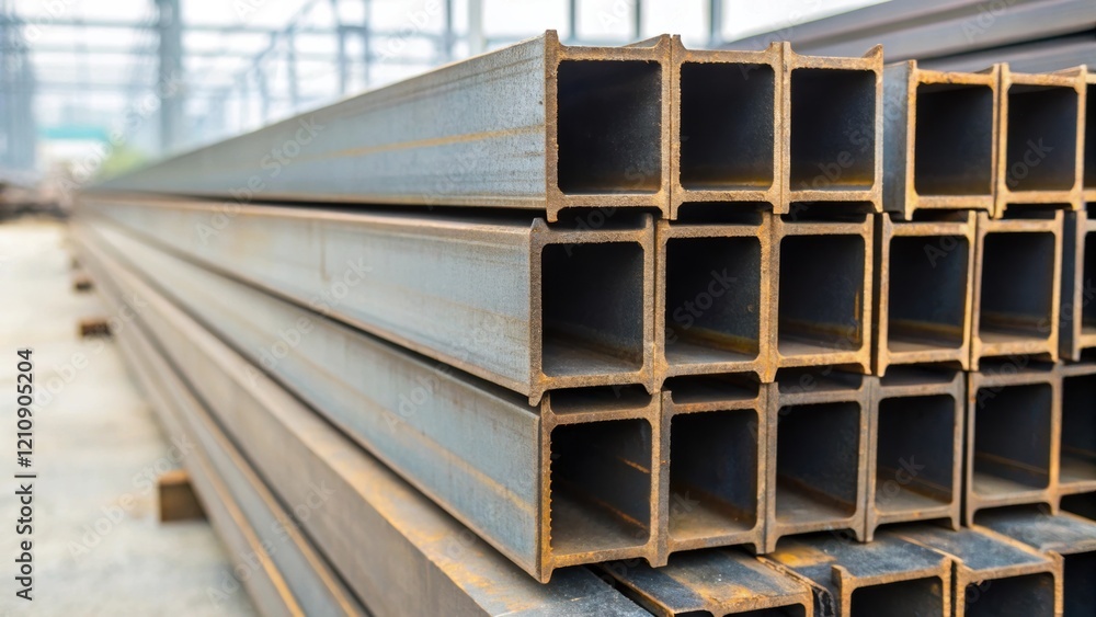 Fototapeta premium A medium closeup photograph captures a series of steel beams stacked on each other highlighting the symmetry and organization that are crucial in construction logistics and