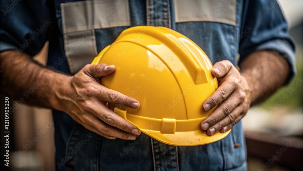 A medium closeup revealing a construction workers hands gripping a hard hat showcasing calloused fingers that tell the story of hardearned labor and commitment to safety on the A medium closeup revealing a construction workers hands gripping a hard hat showcasing calloused fingers that tell the story of hardearned labor and commitment to safety on the