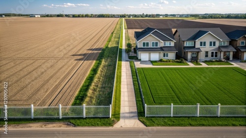 A medium closeup showcases the contrast of modern housing developments rising alongside fragmented patches of farmland with the sharp lines of fences and sidewalks marking the