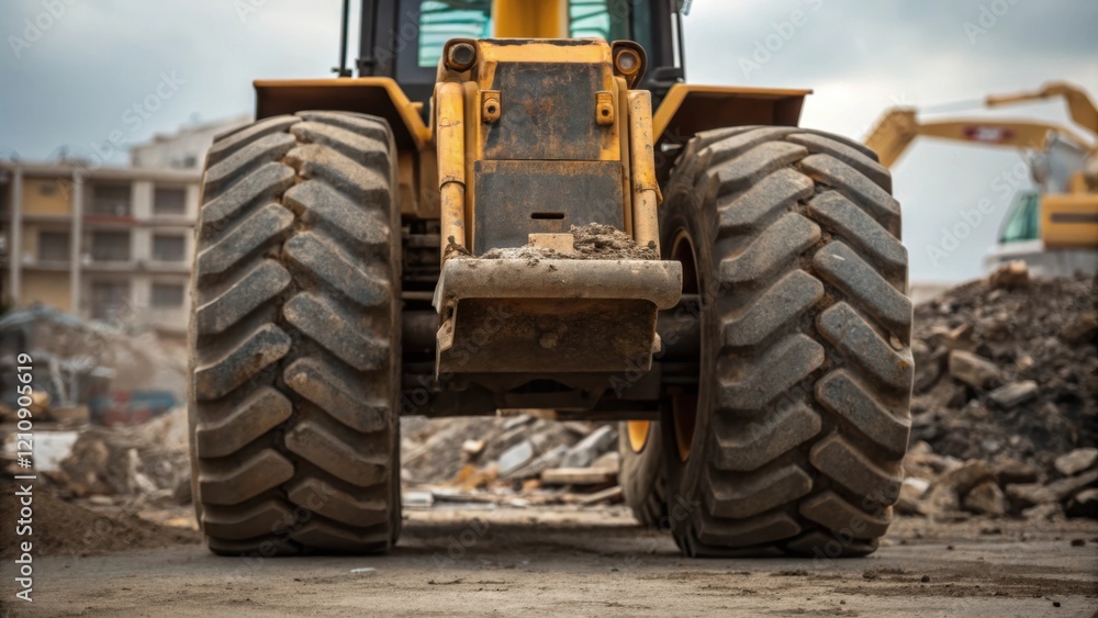 A medium closeup that captures the backhoes massive tires against the backdrop of a construction site highlighting the machinerys rugged design and the surrounding debris. A medium closeup that captures the backhoes massive tires against the backdrop of a construction site highlighting the machinerys rugged design and the surrounding debris.