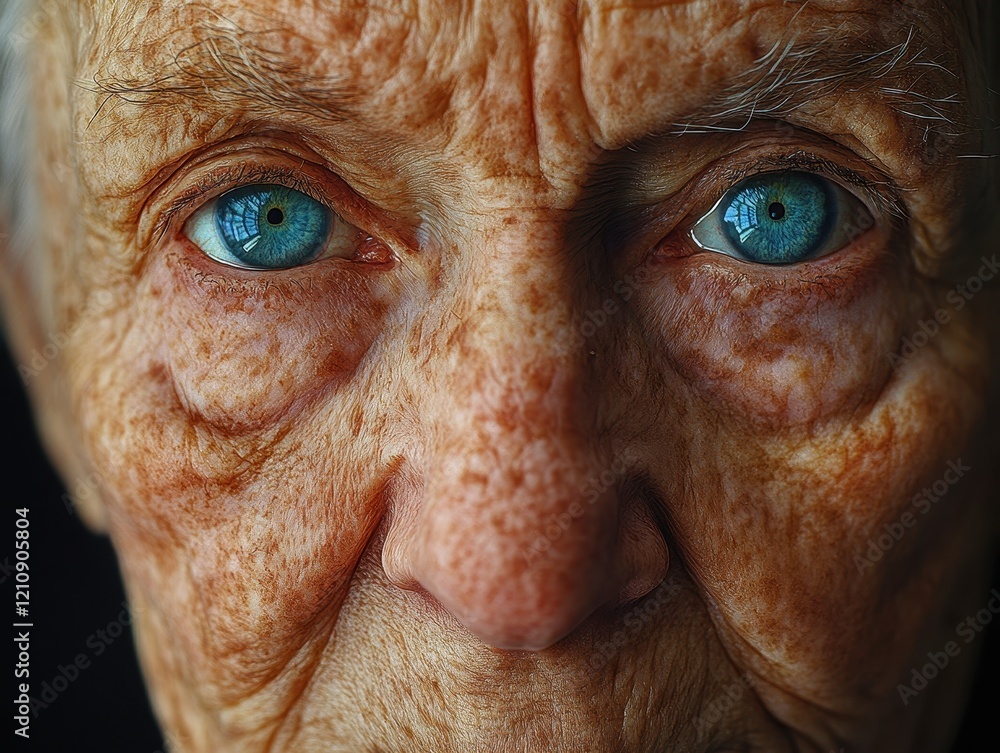 Close-up portrait of an elderly person with striking blue eyes and textured skin. Close-up portrait of an elderly person with striking blue eyes and textured skin.