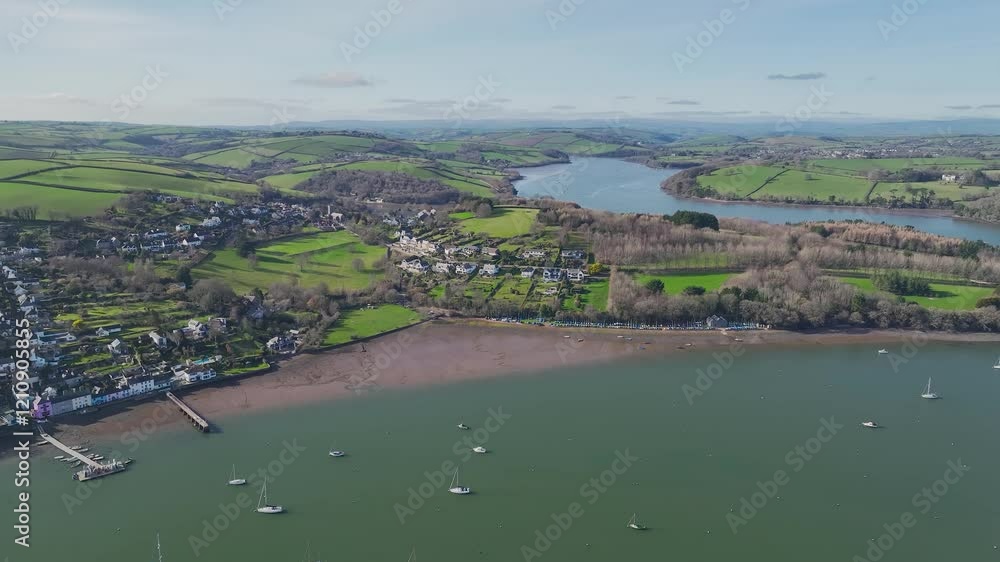 Dittisham and Greenway Quay and Ferry  from a drone, River Dart, Devon, England