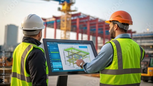 An engineer in a hard hat and safety vest collaborates with a colleague at a large digital touchscreen manipulating BIM software to showcase structural changes surrounded by the photo