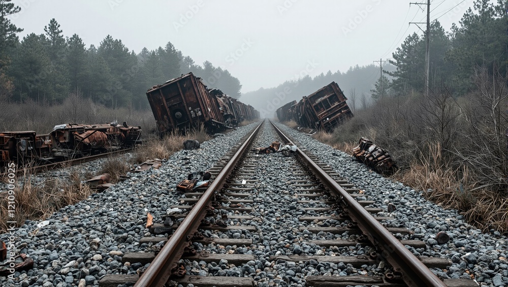 Eerie railway scene with derailed cars in misty forest Eerie railway scene with derailed cars in misty forest