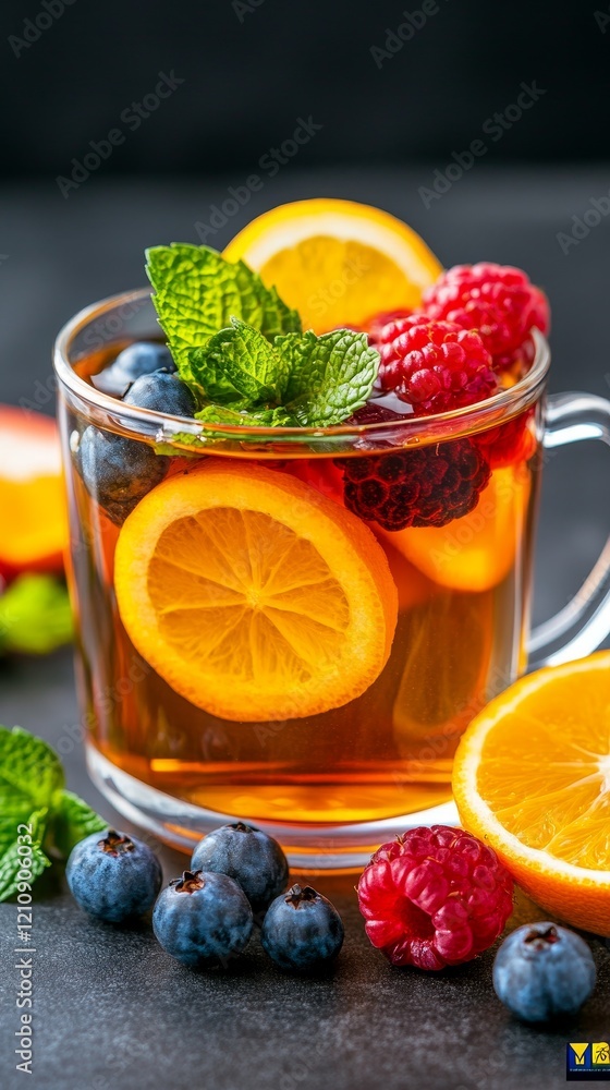 Fototapeta premium Enjoy a Refreshing Herbal Tea Infused with Fresh Fruits A Delightful Combination of Orange and Berries