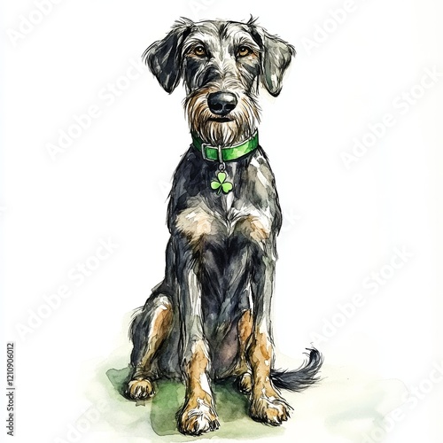 An artistic portrayal captures an Irish wolfhound sitting elegantly. The dog wears a vibrant green collar, adorned with a shamrock charm, radiating a festive spirit photo