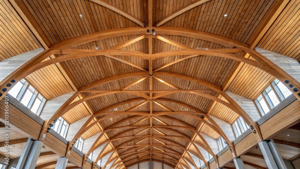 An upward angle view of a mass timber ceiling featuring exposed wooden beams and panels. The rhythmic patterns of the timber create a visually striking design emphasizing the An upward angle view of a mass timber ceiling featuring exposed wooden beams and panels. The rhythmic patterns of the timber create a visually striking design emphasizing the