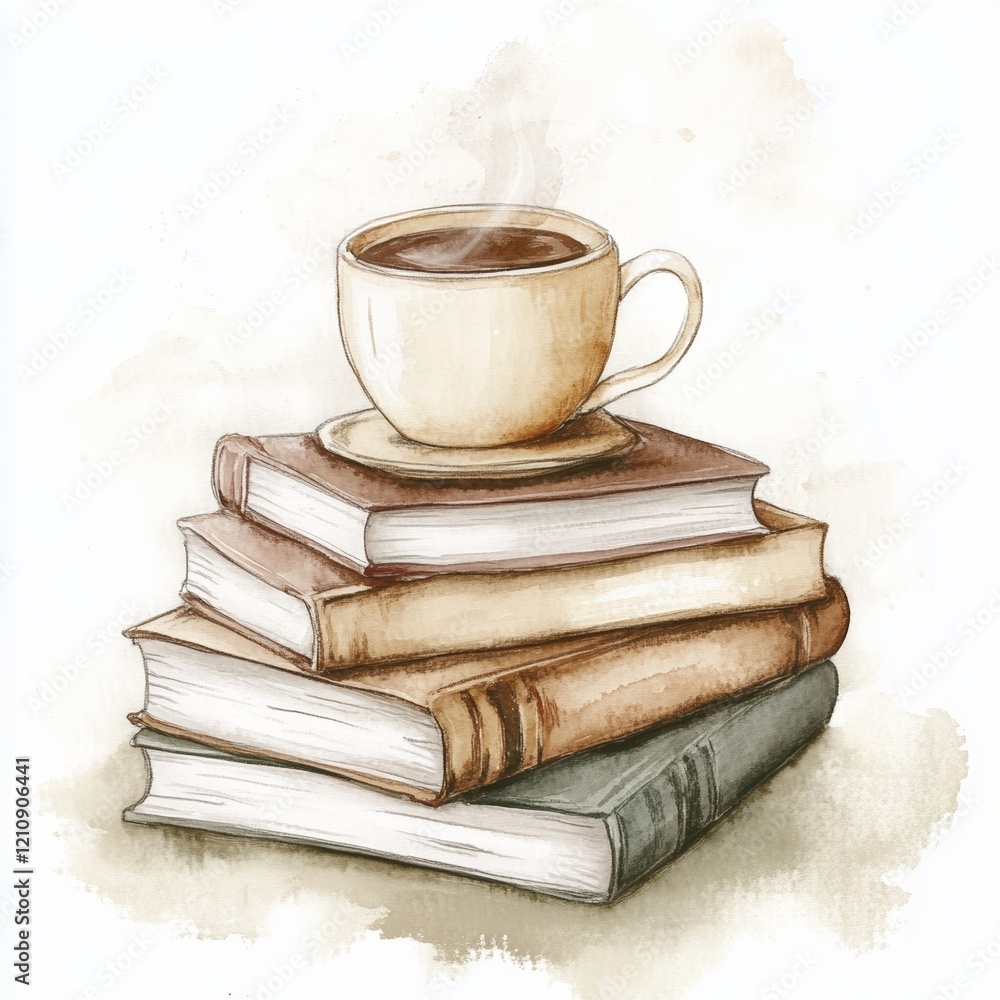A stack of books is featured in soft beige and brown watercolor, with a mocha cup resting on top, creating a peaceful and intellectual atmosphere A stack of books is featured in soft beige and brown watercolor, with a mocha cup resting on top, creating a peaceful and intellectual atmosphere
