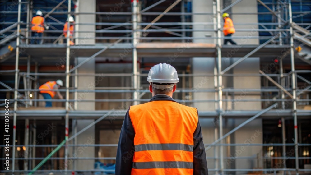 Fototapeta premium A safety officer stands in front of scaffolding inspecting the structure with a critical eye framed by a backdrop of ongoing construction and workers in motion.