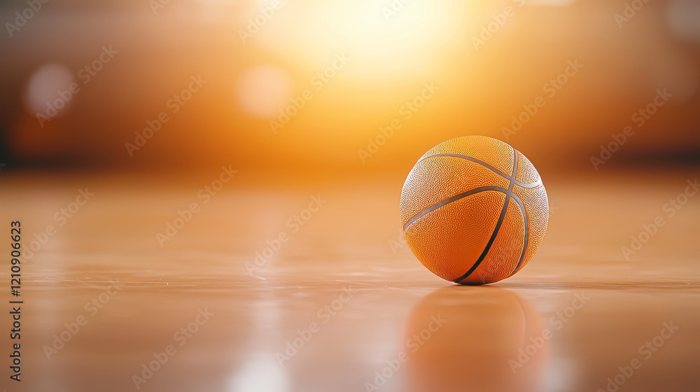Blurred top view of a basketball resting on a polished brown court floor, soft light creating a warm atmosphere with space for text Blurred top view of a basketball resting on a polished brown court floor, soft light creating a warm atmosphere with space for text