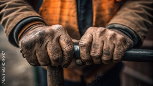 Calloused Hands A closeup that showcases the workers weathered hands gripping a tool tightly with deep lines etched into his palms telling a story of years spent constructing photo