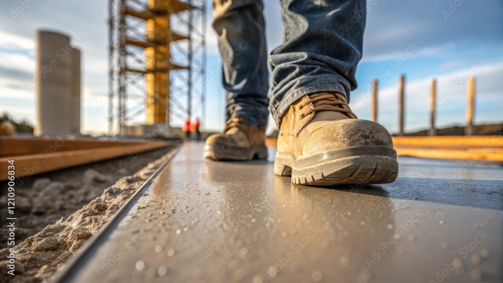 Closeup of a construction workers boot stepping onto the fresh concrete of a recently laid walkway with the structure standing tall in the background symbolizing the foundation of Closeup of a construction workers boot stepping onto the fresh concrete of a recently laid walkway with the structure standing tall in the background symbolizing the foundation of