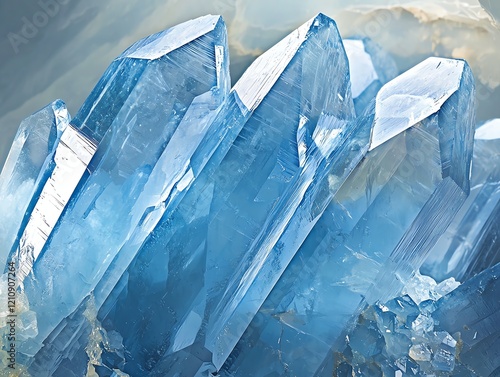 Close-up of celestine crystal formation, pale blue translucent layers, geometric growth patterns photo