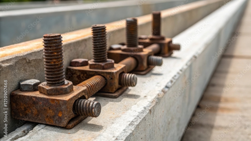 Closeup of metal stripping tools resting on the edge of a concrete form with a focus on the rusted bolts and screws that secure the panels indicating the wear from repeated use. Closeup of metal stripping tools resting on the edge of a concrete form with a focus on the rusted bolts and screws that secure the panels indicating the wear from repeated use.