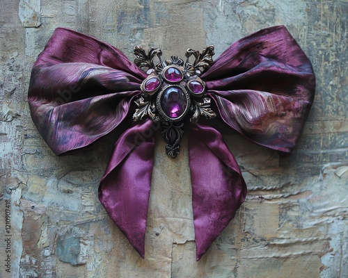 Empire-style coquette bow, deep crimson watercolor blend, ornate gemstone details, pure taffeta setting, holiday grandeur photo