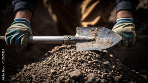 Closeup of gloved hands gripping a shovel poised to lift a mound of rubble. The focus on the texture of the gravel and dirt illustrates the physicality of the cleanup process photo