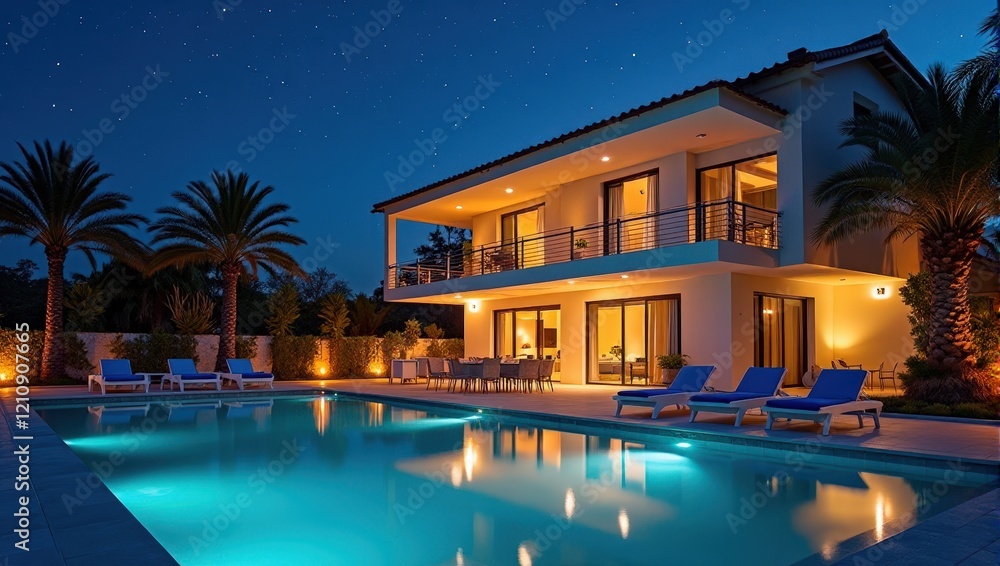 Under twinkling blue-lit skies, a serene two-story white house perches beside a vibrant pool. Blue lounge chairs invite relaxation by its reflective waters at night Under twinkling blue-lit skies, a serene two-story white house perches beside a vibrant pool. Blue lounge chairs invite relaxation by its reflective waters at night