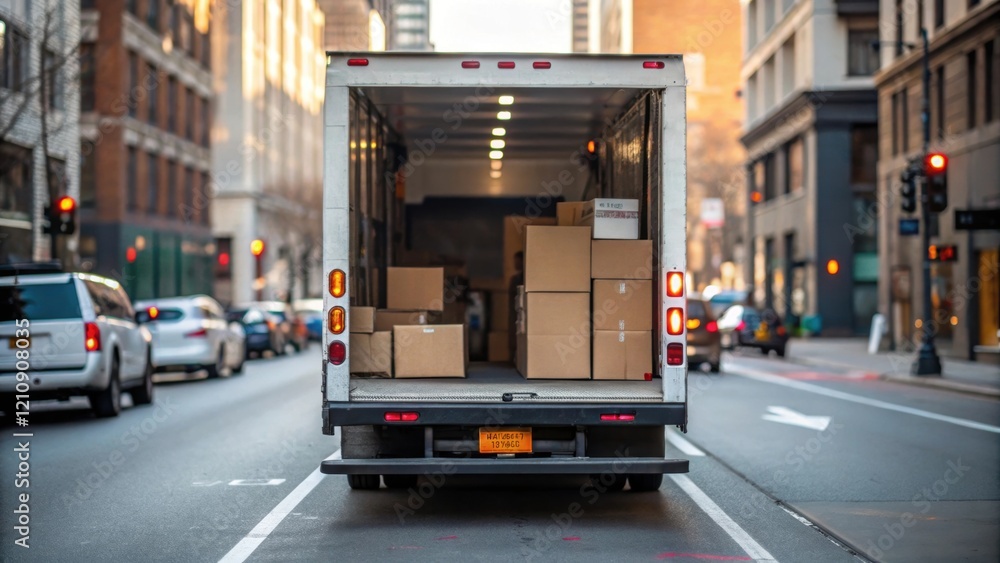 Medium closeup of a delivery truck parked at the curb its back doors flung open while the driver hurriedly unloads packages adding to the urban chaos of the gridlocked street. Medium closeup of a delivery truck parked at the curb its back doors flung open while the driver hurriedly unloads packages adding to the urban chaos of the gridlocked street.