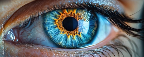 Close Up Macro Photography of Human Eye Iris with Vibrant Blue and Orange Colors and Dramatic Lighting photo