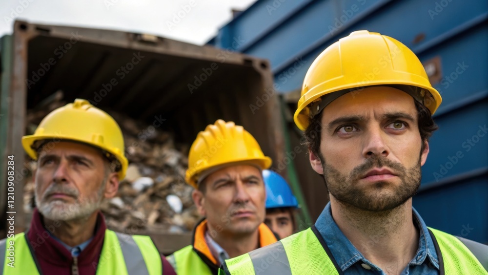 Medium closeup of construction workers in hard hats observing the unloading process their expressions focused on ensuring safety during debris disposal. Medium closeup of construction workers in hard hats observing the unloading process their expressions focused on ensuring safety during debris disposal.