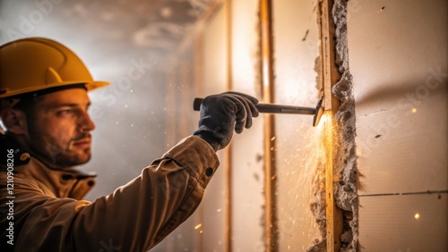 Medium closeup of a safety helmetclad worker using a pry bar to remove drywall with tered insulation and dust particles illuminated in the light.