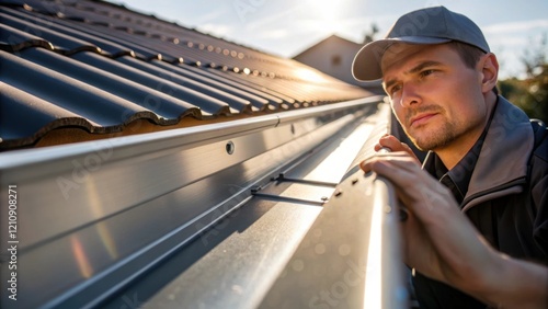 Medium closeup of a worker examining the angle of the installed gutter with visible determination and focus as sunlight glints off the metallic surface of the gutter.