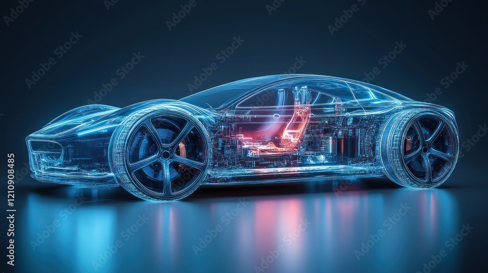Futuristic Electric Car Chassis X-Ray Illustration Showcasing Battery and Mechanisms in a Studio Environment Futuristic Electric Car Chassis X-Ray Illustration Showcasing Battery and Mechanisms in a Studio Environment
