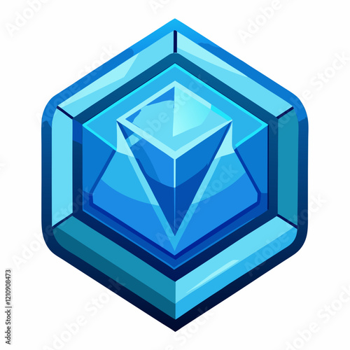 Shiny blue hexagonal crystal with pyramid design reflecting light in a digital art style