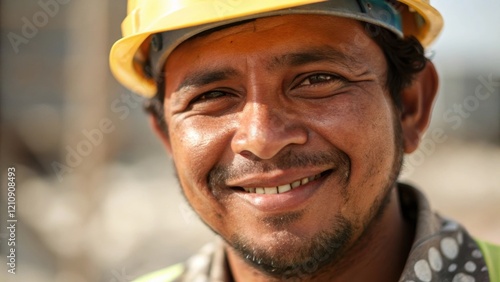 Proud Smirk The closeup catches a slight smirk on the construction workers lips indicative of camaraderie and pride in his craft with sunkissed skin and an open smile hinting at photo