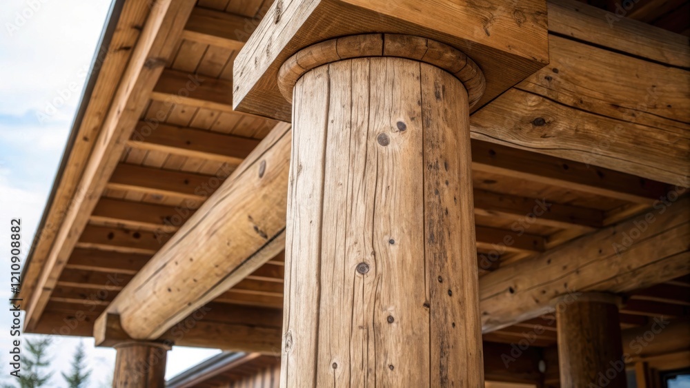 Timber Columns A closeup of a robust timber column supporting an upper structure with visible knots and imperfections that add character. The grain flows vertically showcasing the Timber Columns A closeup of a robust timber column supporting an upper structure with visible knots and imperfections that add character. The grain flows vertically showcasing the