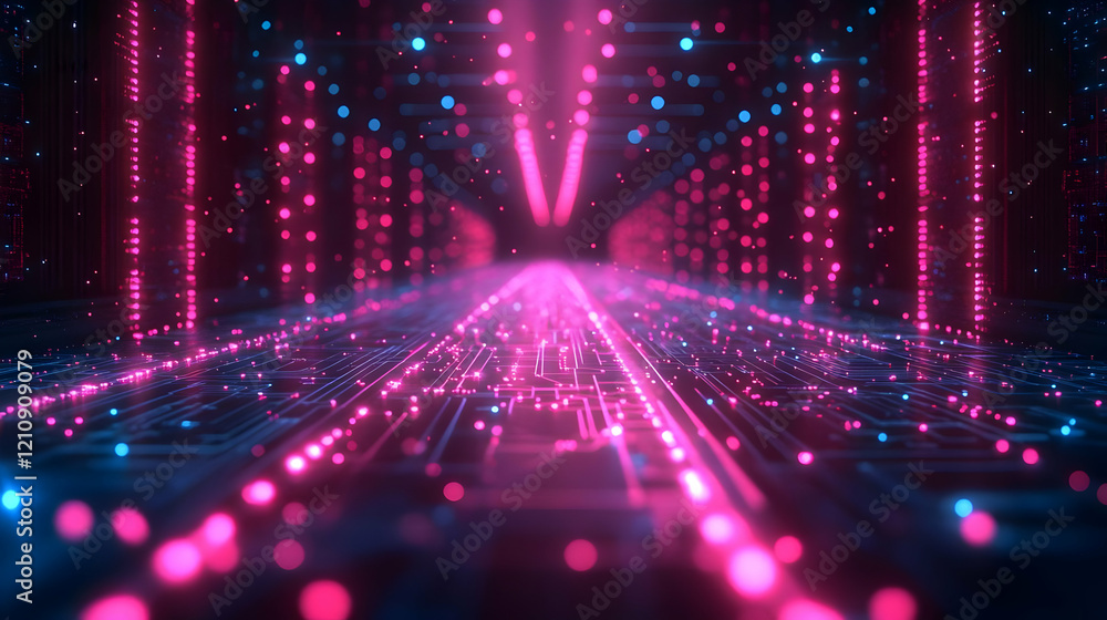 Obraz premium Abstract Cyberpunk Neon Tunnel with Glowing Lines and Pink Blue Lights