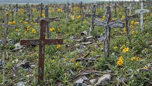 Post apocalyptic battlefield graveyard with twisted metal crosses among wildflowers and shrapnel photo