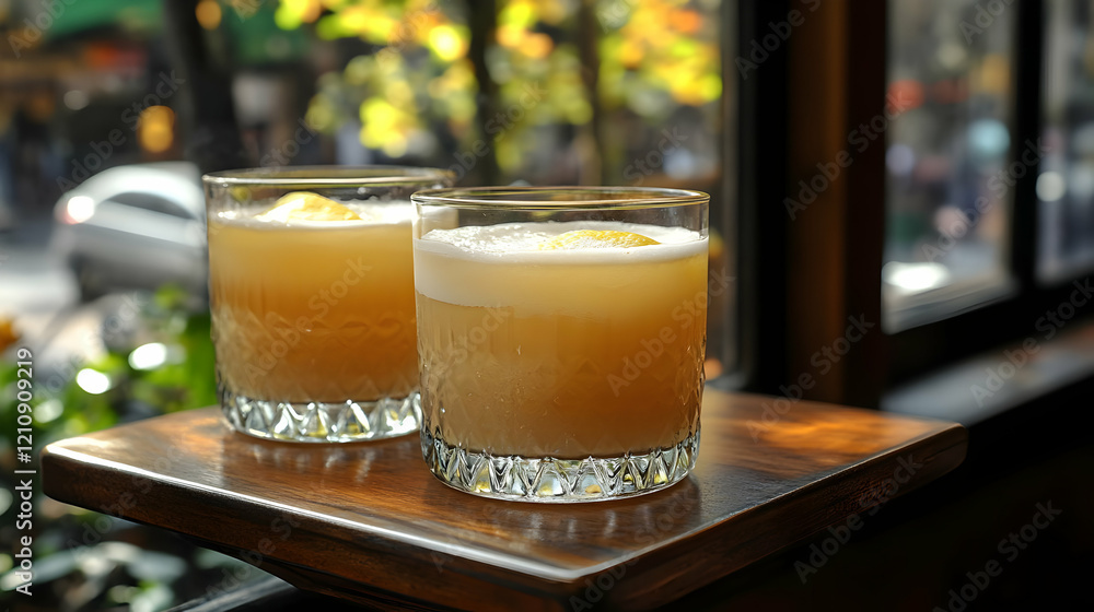Two refreshing cocktails in elegant glasses on a wooden tray, sunlight streaming through a nearby window showing city views. Two refreshing cocktails in elegant glasses on a wooden tray, sunlight streaming through a nearby window showing city views.
