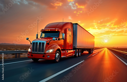 Large orange truck drives on highway at sunset. Road transportation on expressway. Sunset colors bright, warm. Truck moving fast. Landscape background dry, flat. Logistics, international cargo