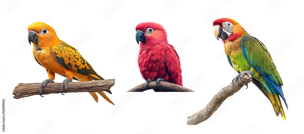 Obraz premium Colorful parrots perched on branches displaying vibrant plumage in a tropical setting