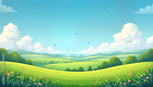 Scenic landscape illustration. Rich green meadows stretch towards rolling hills. Trees, flowers dot landscape. Fluffy white clouds drift across vibrant blue sky. Birds fly above fields. Ideal for