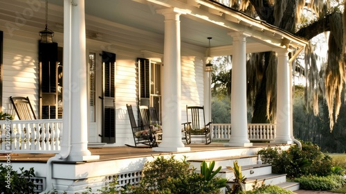 A Southern plantation-style house with white columns, a porch with rocking chairs, and oak trees draped in Spanish moss, bathed in soft sunlight.