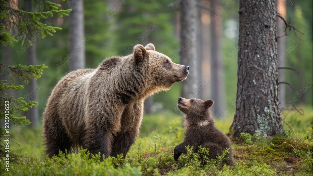 Mother bear nurturing her cub in lush forest wildlife photography serene environment nature's embrace Mother bear nurturing her cub in lush forest wildlife photography serene environment nature's embrace