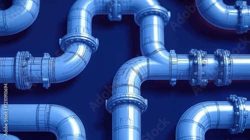 Seamless Industrial Pipe Pattern Illustration in Line Art Style with White Pipes on Deep Blue Background photo