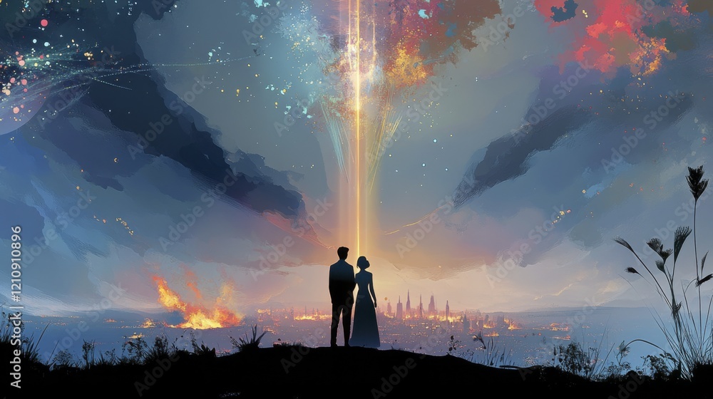 Fototapeta premium Silhouetted couple watching celestial sky and distant fire at dusk