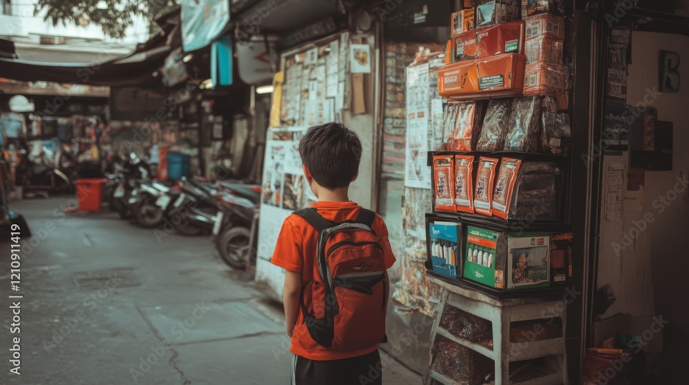 Obraz premium Boy with backpack looking at a shop in an alleyway.