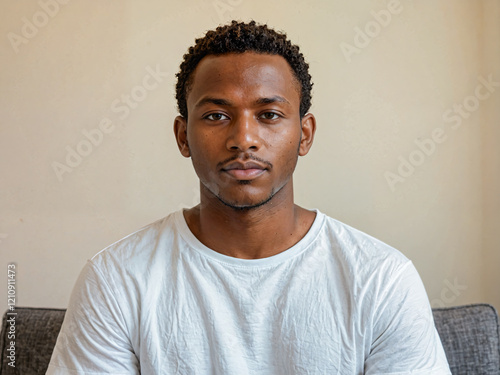 Retrato de un hombre afroamericano en el interior de una habitación vistiendo una camiseta blanca casual 