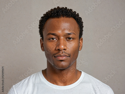 Retrato de un hombre afroamericano en el interior de una habitación vistiendo una camiseta blanca casual 