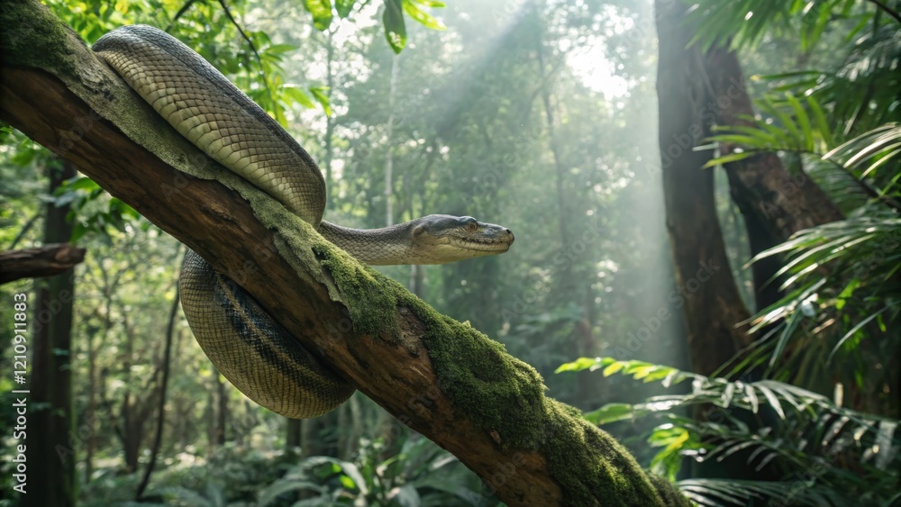 Python snake camouflaged on tree branch in lush rainforest nature photography serene environment close-up view Python snake camouflaged on tree branch in lush rainforest nature photography serene environment close-up view
