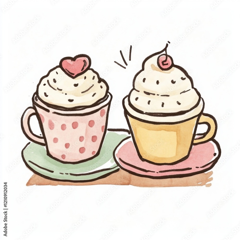 Whimsical Hand-Drawn Cupcakes with Creamy Frosting and Decorative Toppings on Colorful Plates Whimsical Hand-Drawn Cupcakes with Creamy Frosting and Decorative Toppings on Colorful Plates