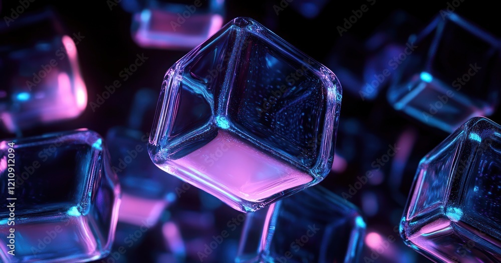 Futuristic Abstract Floating Glass Cubes with Neon Lights on Black Background Futuristic Abstract Floating Glass Cubes with Neon Lights on Black Background