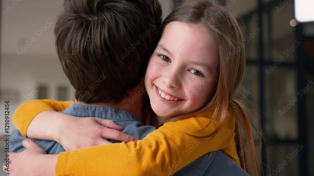 Smiling Caucasian daughter kid hugging embracing dad man parent guy at home happy family bonding health carefree little schoolgirl child touching father parenthood childcare adopt male cuddling girl Smiling Caucasian daughter kid hugging embracing dad man parent guy at home happy family bonding health carefree little schoolgirl child touching father parenthood childcare adopt male cuddling girl