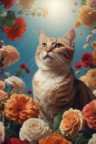 Cat portrait with a floral design photo