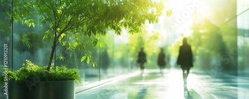 blurred urban jungle scene with walking people in green modern office building under sunlight